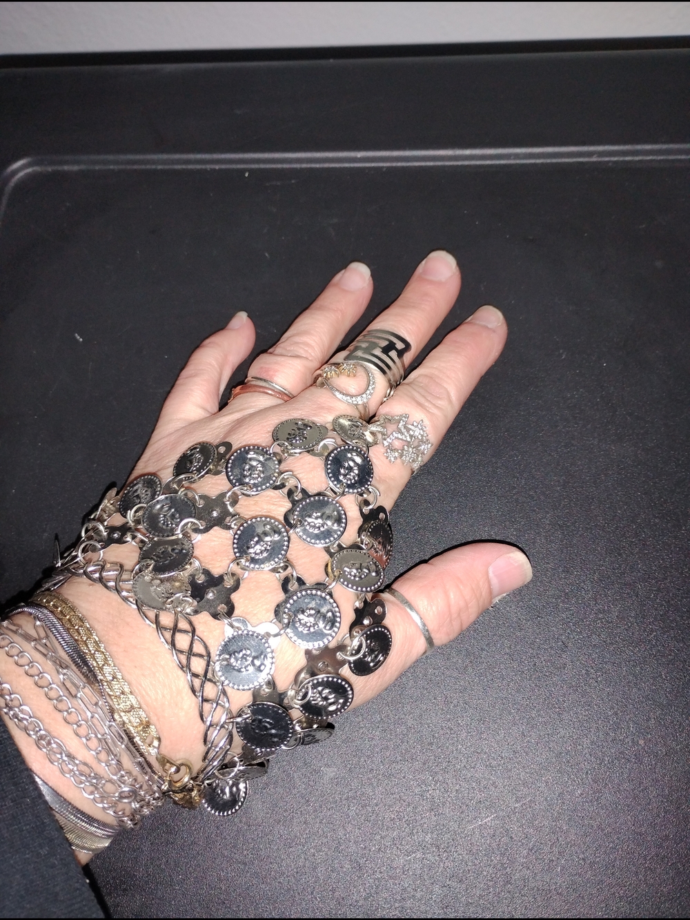 Silver Coin-Link Hand Chain Bracelet w/ attached ring